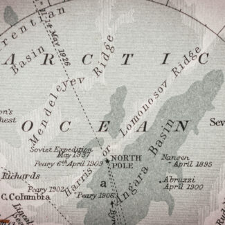 An antique map shows the Arctic Ocean centered around the North Pole, with labeled basins, ridges, and historical exploration routes.