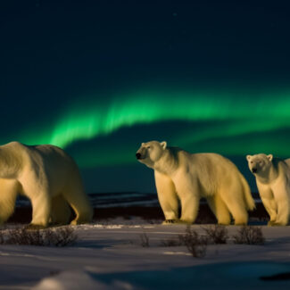 Three polar bears at night under the Northern Lights
