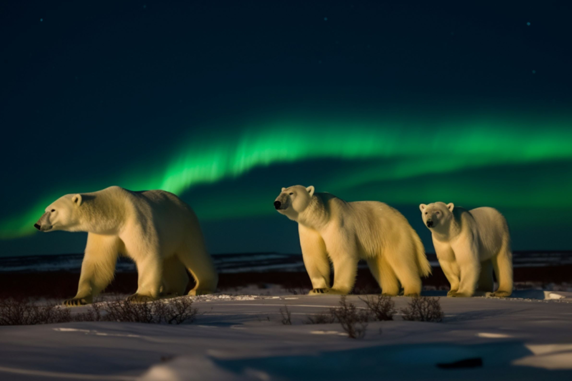 Three polar bears at night under the Northern Lights