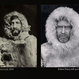 Two portraits in black and white of two arctic explorers in arctic gear.