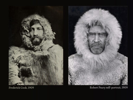 Two portraits in black and white of two arctic explorers in arctic gear.