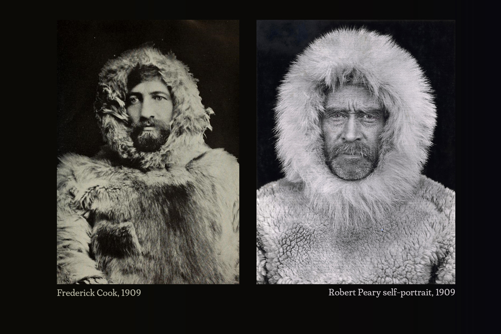 Two portraits in black and white of two arctic explorers in arctic gear.