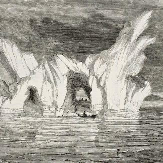 Black and white illustration of a large, arched iceberg with small boats and figures near openings, and a sailing ship in the distance on a wavy sea under a cloudy sky.