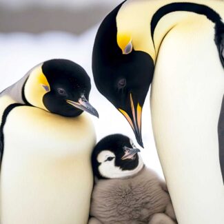A baby emperor penguin chick huddles between two adult penguins in a snow-covered landscape.