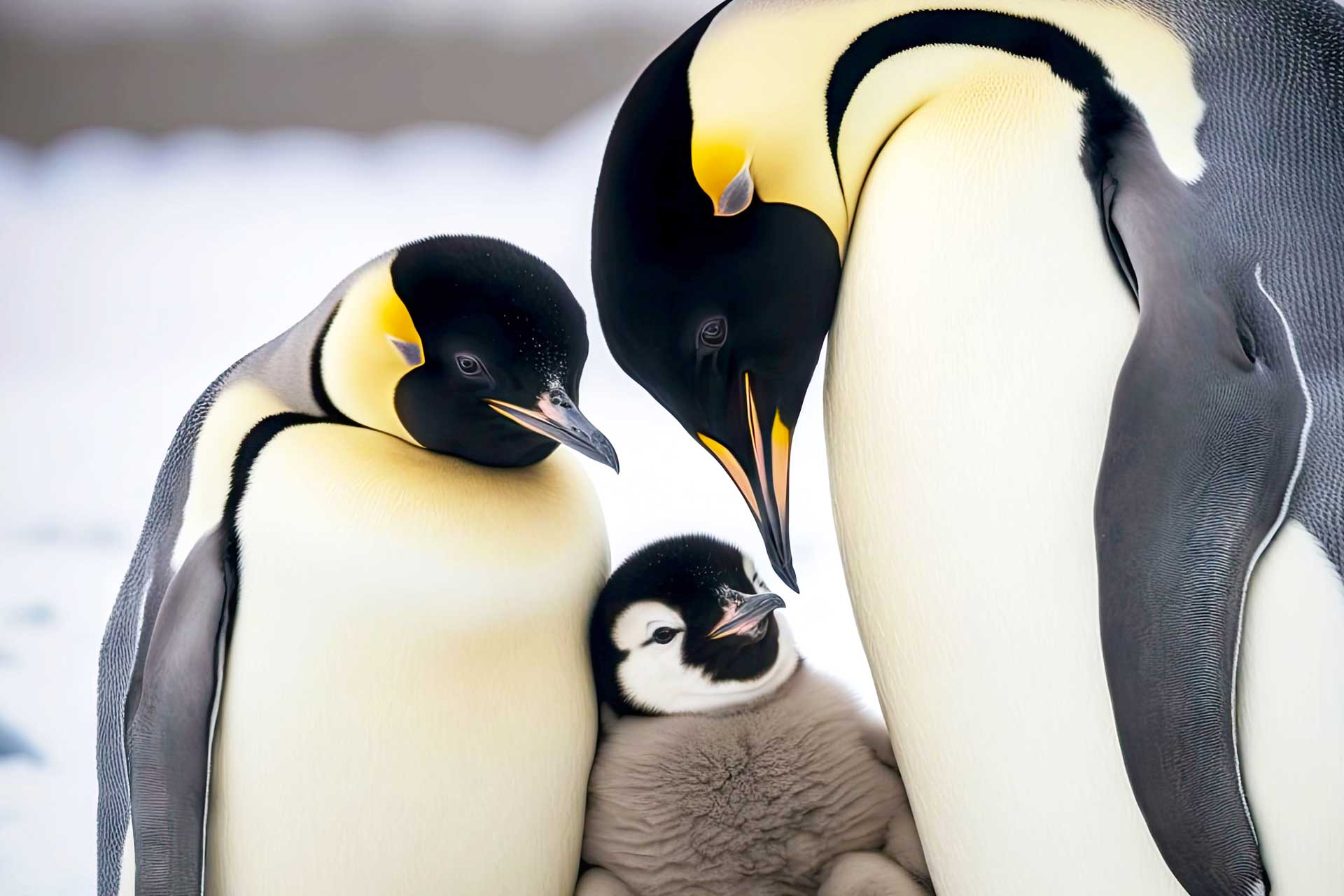 A baby emperor penguin chick huddles between two adult penguins in a snow-covered landscape.